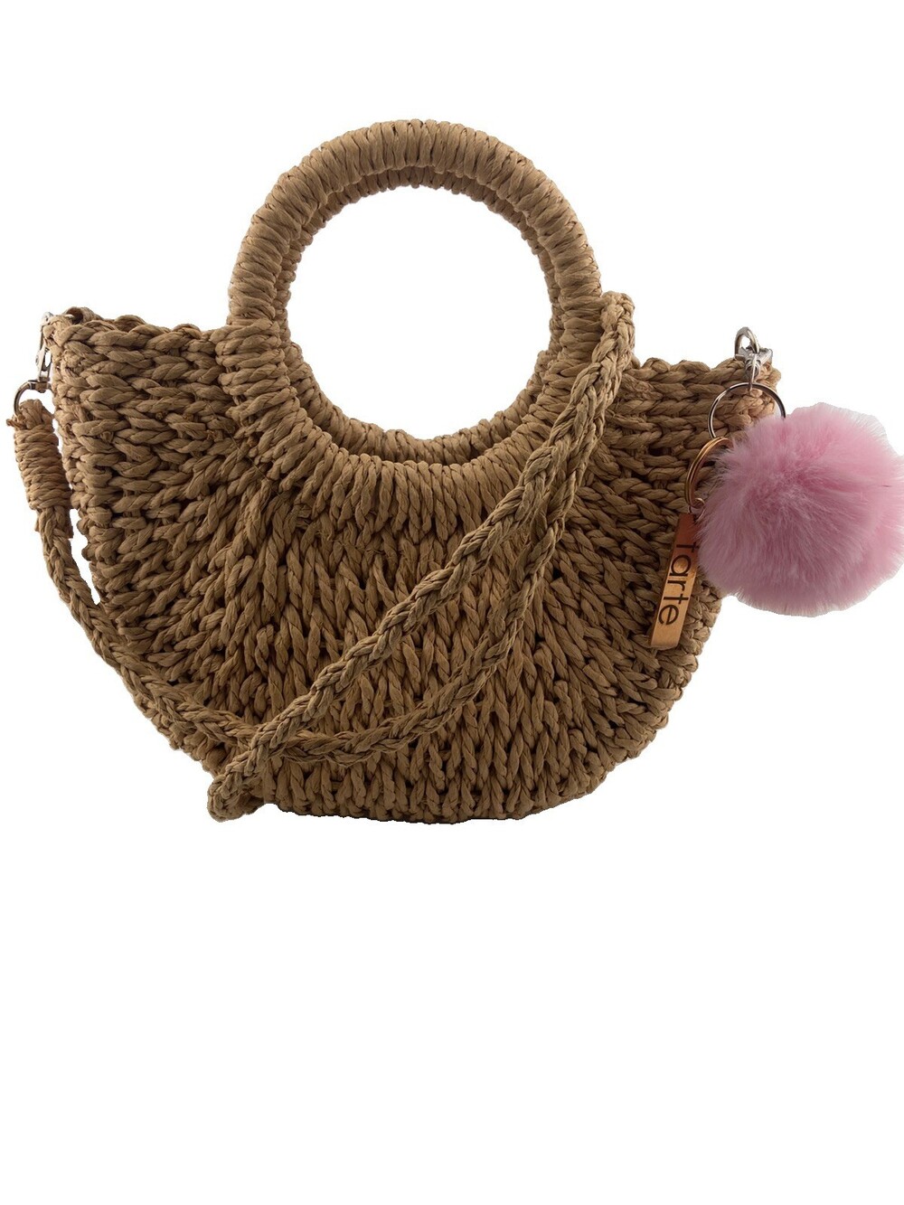 Woven Straw Handbag Summer Beach Crossbody Purse with Tarte Keychain & Pink Pom